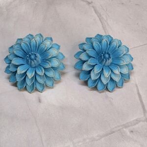 Vintage West Germany Blue Flower Clip Earrings Mid Century